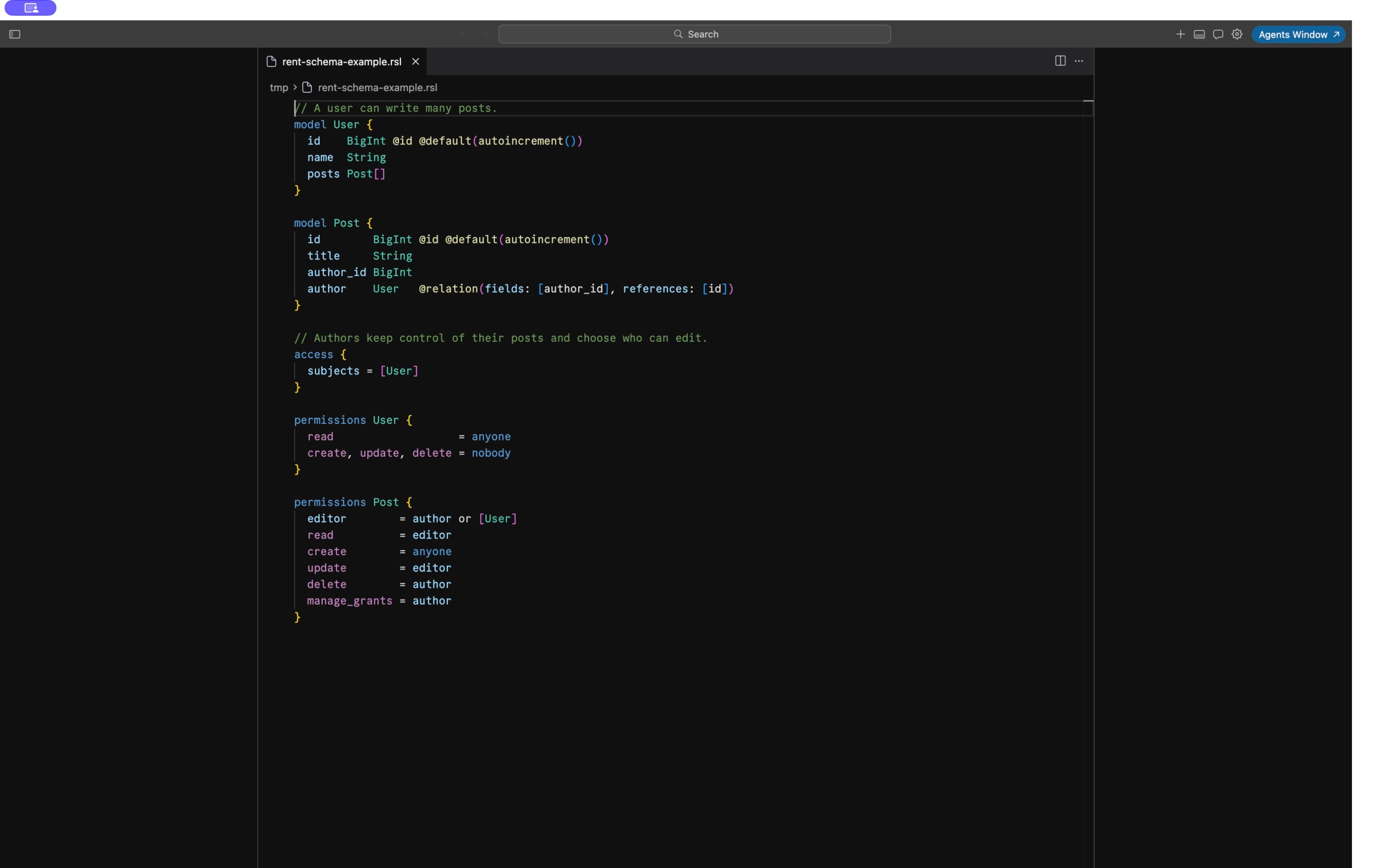 A User and Post schema highlighted in Cursor.